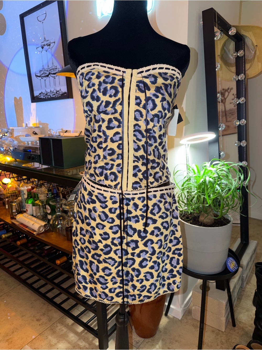 Strapless Leopard-Print Mini Dress in Cream and Blue